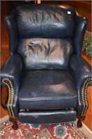 BLUE LEATHER WING CHAIR RECLINER W/ BRASS TACK