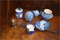 RESIN BIRD, BLUE/WHITE DISHES, CANDLE ETC.