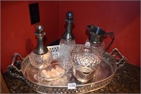 OVAL TRAY, DECANTERS SILVER PLATE TOP, ACORN