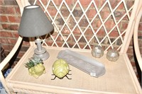 PEWTER TRAY, CANDLES, CANDLE STICK LAMP, FROG AND