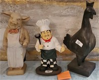 11 - CHEF; PIG & ROOSTER STATUES