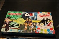 trio of games, monopoly, clue, twister
