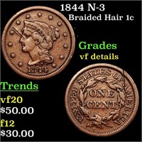 1844 N-3 Braided Hair 1c Grades vf details