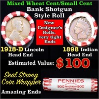 Mixed small cents 1c orig shotgun roll, 1918-d Whe