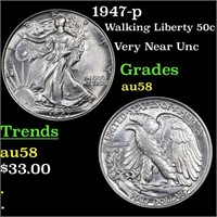 1947-p Walking Liberty 50c Grades Choice AU/BU Sli