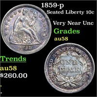 1859-p Seated Liberty 10c Grades Choice AU/BU Slid