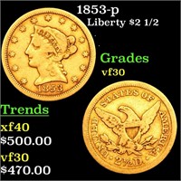 1853-p Liberty $2 1/2 Grades vf++