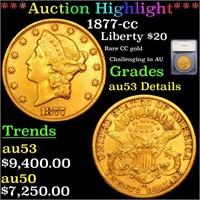 *Highlight* 1877-cc Liberty $20 Graded au53 Detail