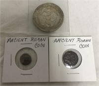 2 ROMAN COINS, LIBERTY BELL COMMEMORATIVE COIN