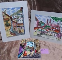 161 - TILE ART & 2 UNFRAMED ART PIECES