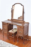 Antique Vanity with Mirror and Cushioned Bench