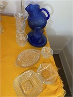 Blue Ball Pitcher, Blue Plates, Glass &