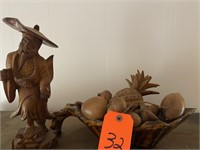 Wood Oriental Carving, Wood Fruit & Bowl