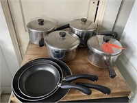 Copper Bottom Pans and 3 Skillets