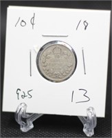 1918 Canadian 0.925 Silver 10 Cents