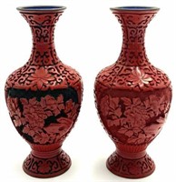 Pair of Older Red Chinese Cinnebar Vases.