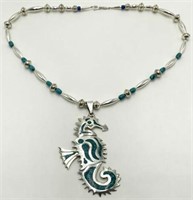 Silver & Turquoise Necklace w/Lg. Seahorse Pendant