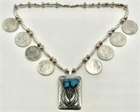 Necklace w/Silver Dollars, American Indian Pendant