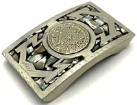 Mexican Metal Belt Buckle with Abalone Inlay.