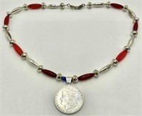 Sterling & Bohemian Bead Necklace w/Silver Dollar.