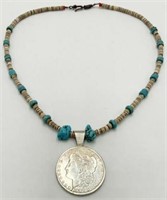 North American Heishi Necklace w/Silver Dollar.