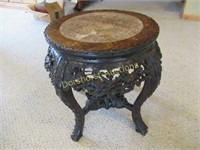 HAND-CARVED BIRDS & FLOWER ROUND MARBLE-TOP WOOD