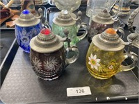 Germany Set of 5 Etched Colored Glass Steins.