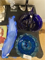 Art glass, pedestal bowl and glass basket.