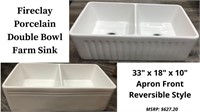 Porcelain Farmhouse Kitchen Double Sink 33x18x10