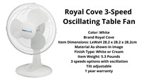 Royal Cove 3-Speed
Oscillating Table Fan