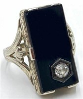 Antique 18K White Gold Onyx & Diamond Ring.