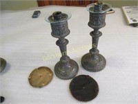 2 HEAVY WEIGHTED SCROLL; CANDLESTICK HOLDER &