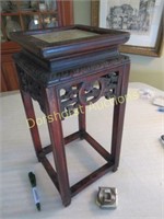 CARVED MARBLE TOP WOODEN STAND; 16.5"H X 8"W