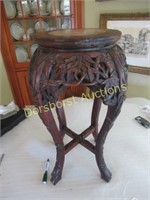 4-LEG CARVED ORIENTAL ROUND WOOD PLANT STAND W/