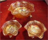 (3)Vintage Carnival glass. Footed, ruffled.