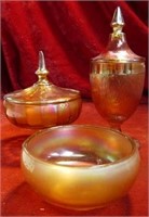 (3)Vintage Carnival glass. Lidded dishes and bowl.