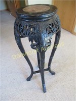 DARK WOOD-CARVED PLANT STAND W/ MARBLE INSERT ON