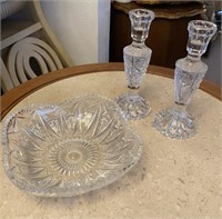 Pair of Cut Crystal Candle Holders & Bowl