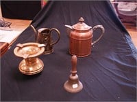 Copper coffee pot 8 1/2" high and three brass