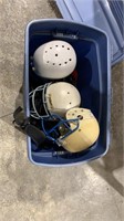 Plastic Tote w/ helmets, backpacks, weights & misc