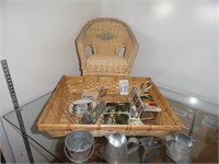 Wicker doll chair & basket, tin décor items