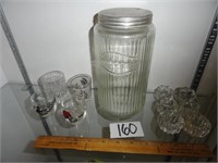 Vintage coffee jar, salts, shot glasses