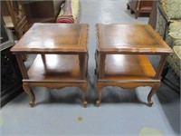 Wood 2 Tier End Tables with Inlaid Leather Top