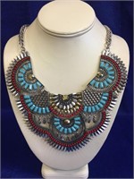 Gorgeous Red and Turquoise Blue Silvertone Necklac