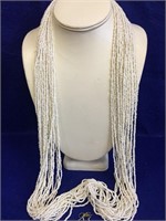 White 20 Strand Beaded Necklace w/Earrings