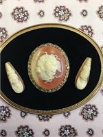 Vintage Framed Cameo Pendent and Earrings
