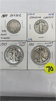 2 SILVER HALF DOLLARS AND 2 SILVER QUARTERS