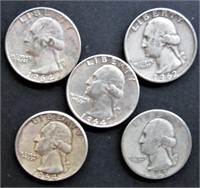 Five Silver Washington Quarters
