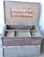 Wooden carpenters trunk on steel casters with  3