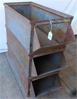 3 vintage metal hardware stackable  containers,